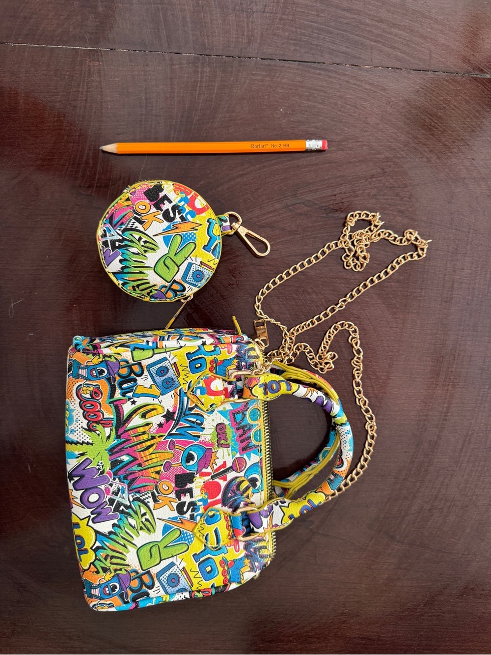 Colorful Graffiti Print Satchel Handbag - Yellow Accent - Picture 4 of 4